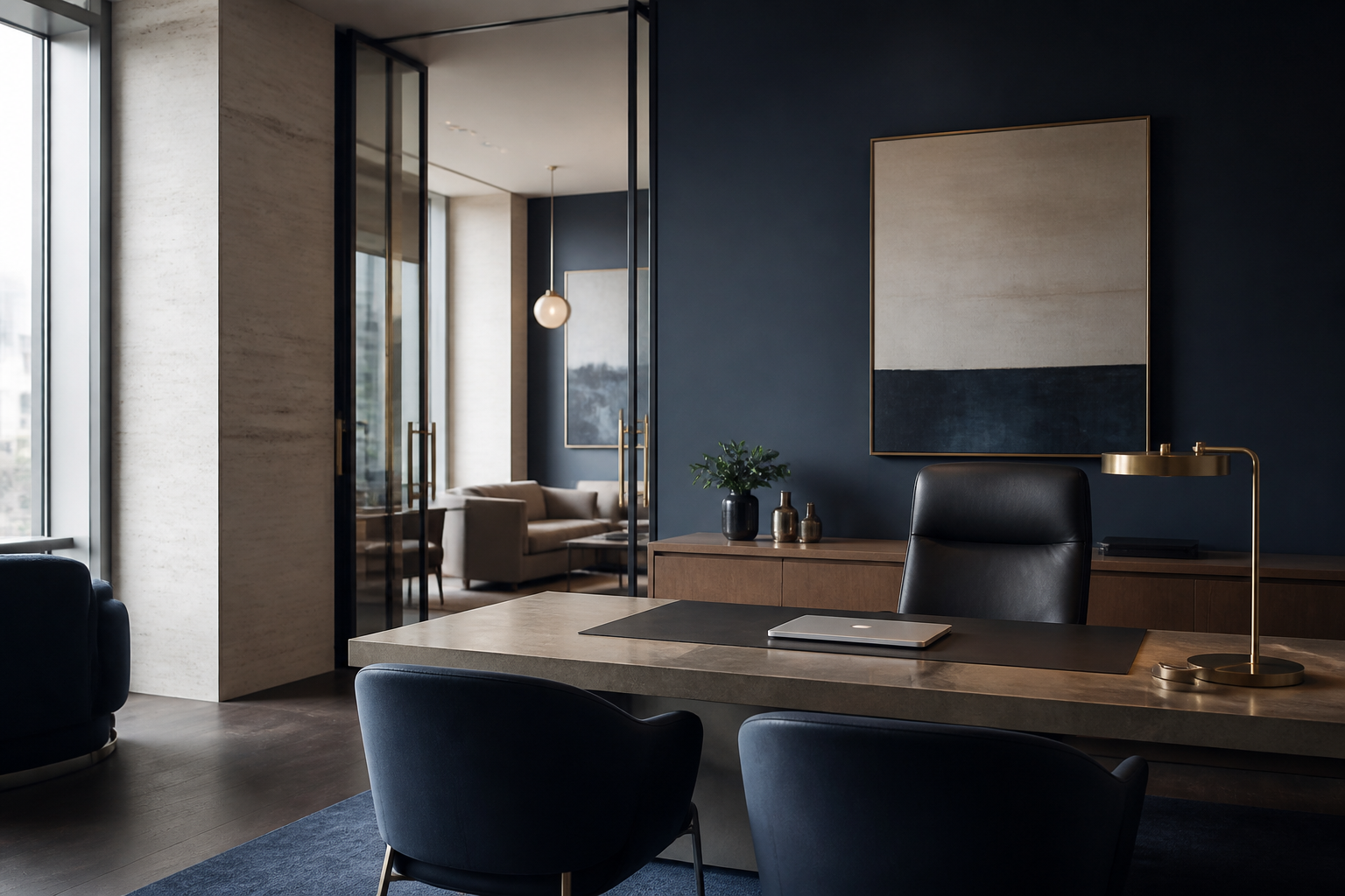 Modernes Kanzleibüro mit Tageslicht, Navy-Akzentwand und ruhigem Empfangsbereich